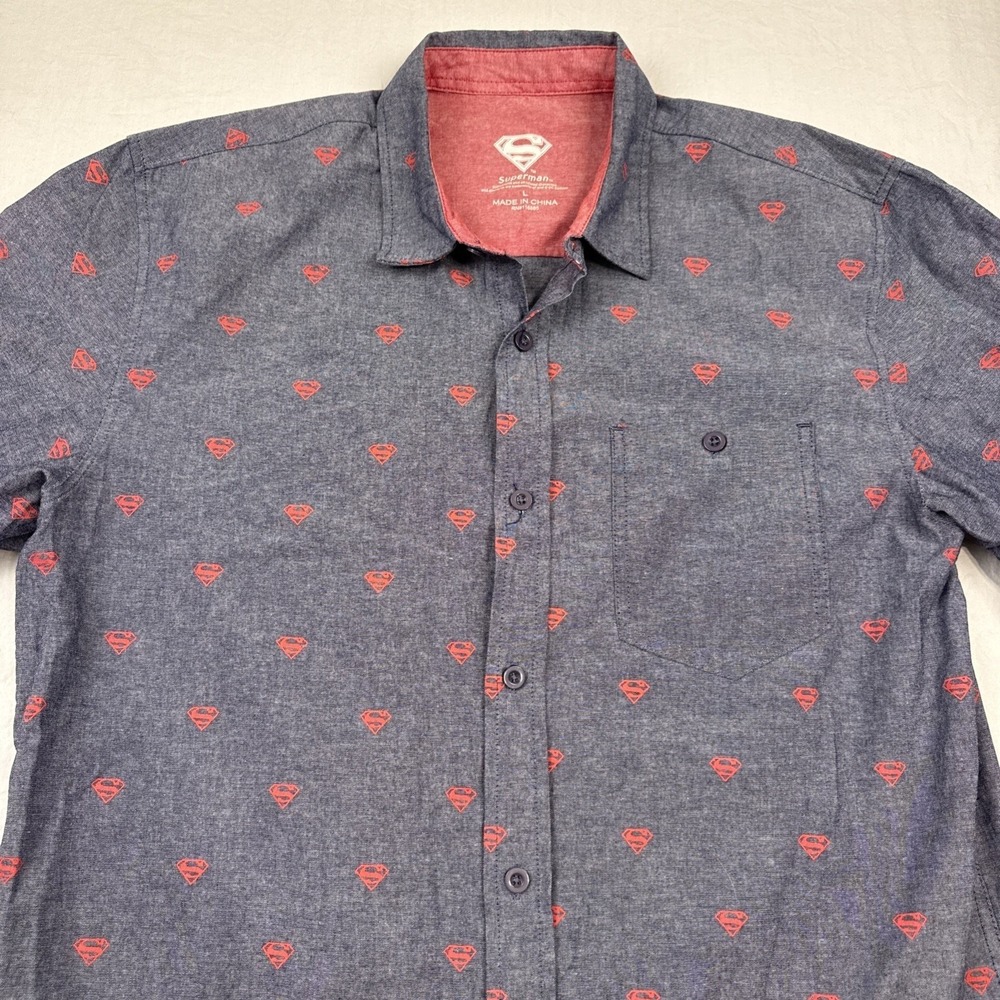 Superman All Over Print Short Sleeve Button Down Shirt Mens Size L Blue Red